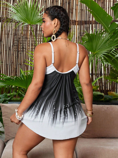 Swim Lushoire 2pcs/Set Plus Size High Waisted Patterned Triangle Swimsuit,Comfortable Backless Black Bikini,Beach Outfits For Woman For Summer Vacation Holiday