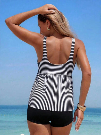 Swim Lushoire 2pcs Striped Colorblock Ruched Front Women's Tank Bikini Set