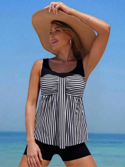 Swim Lushoire 2pcs Striped Colorblock Ruched Front Women's Tank Bikini Set