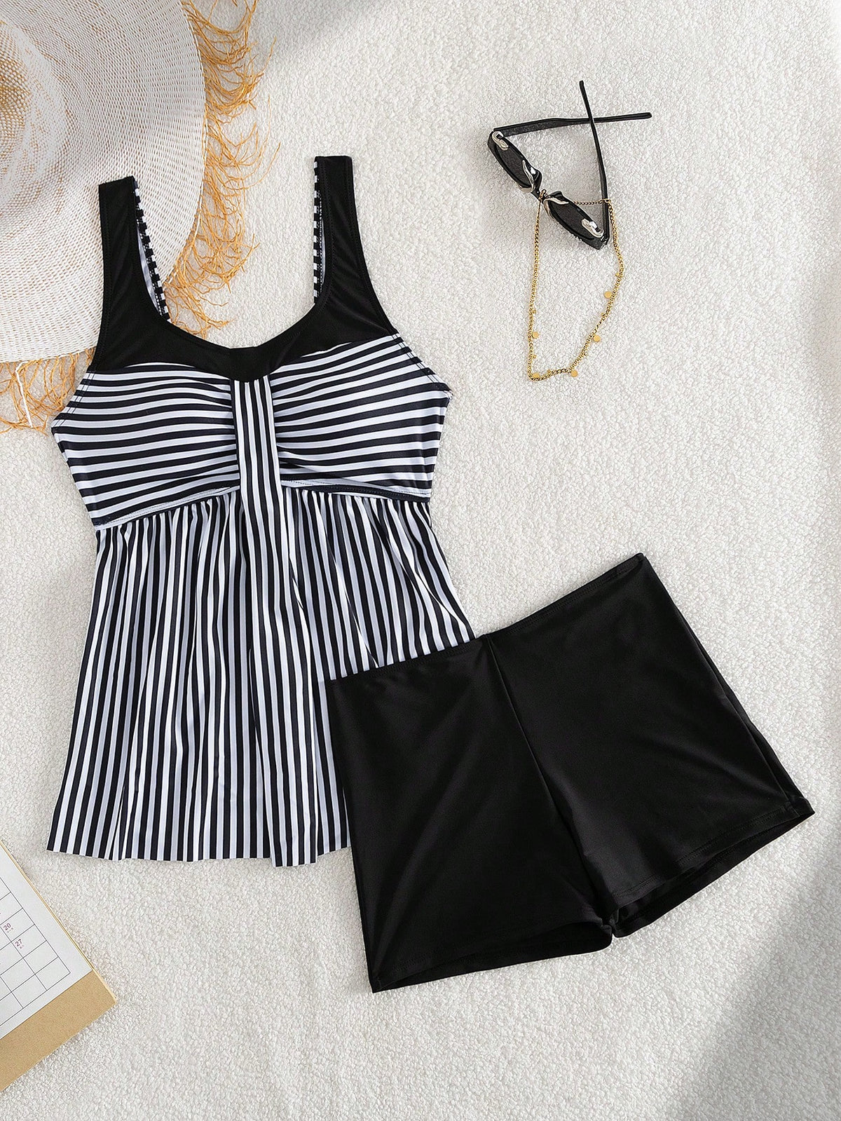 Swim Lushoire 2pcs Striped Colorblock Ruched Front Women's Tank Bikini Set