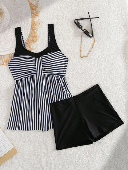 Swim Lushoire 2pcs Striped Colorblock Ruched Front Women's Tank Bikini Set