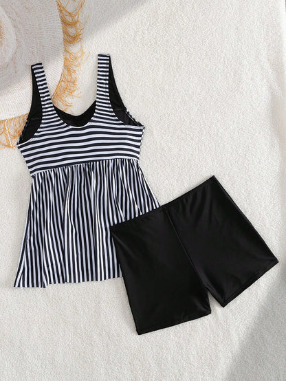 Swim Lushoire 2pcs Striped Colorblock Ruched Front Women's Tank Bikini Set