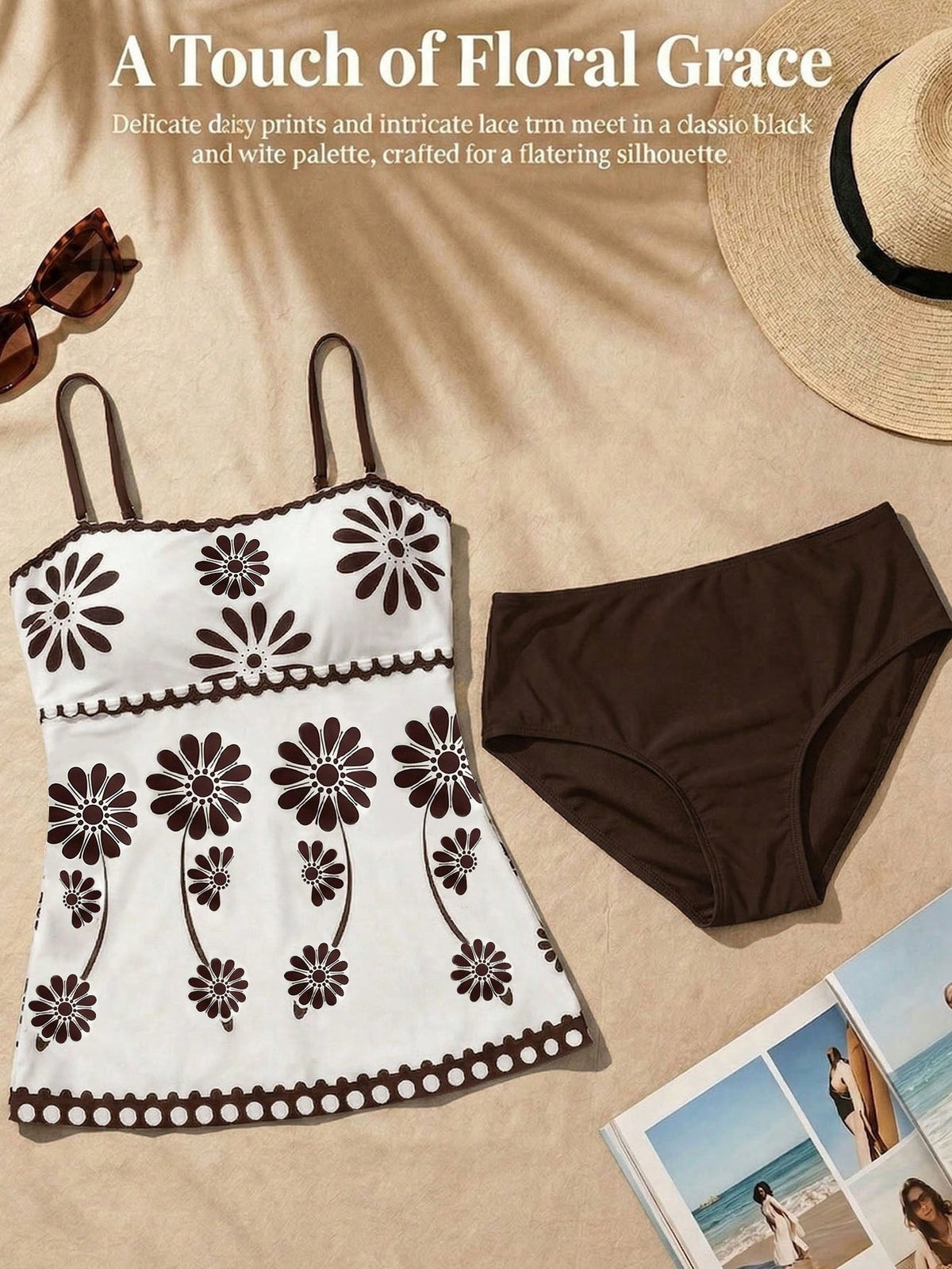Swim Lushoire 2pcs Women's High Elastic Green Floral Print Bikini Set,Includes Bandeau Top,Solid Bottom,White Floral,Summer,Boho,Holiday,Pool Party,Holiday Beach