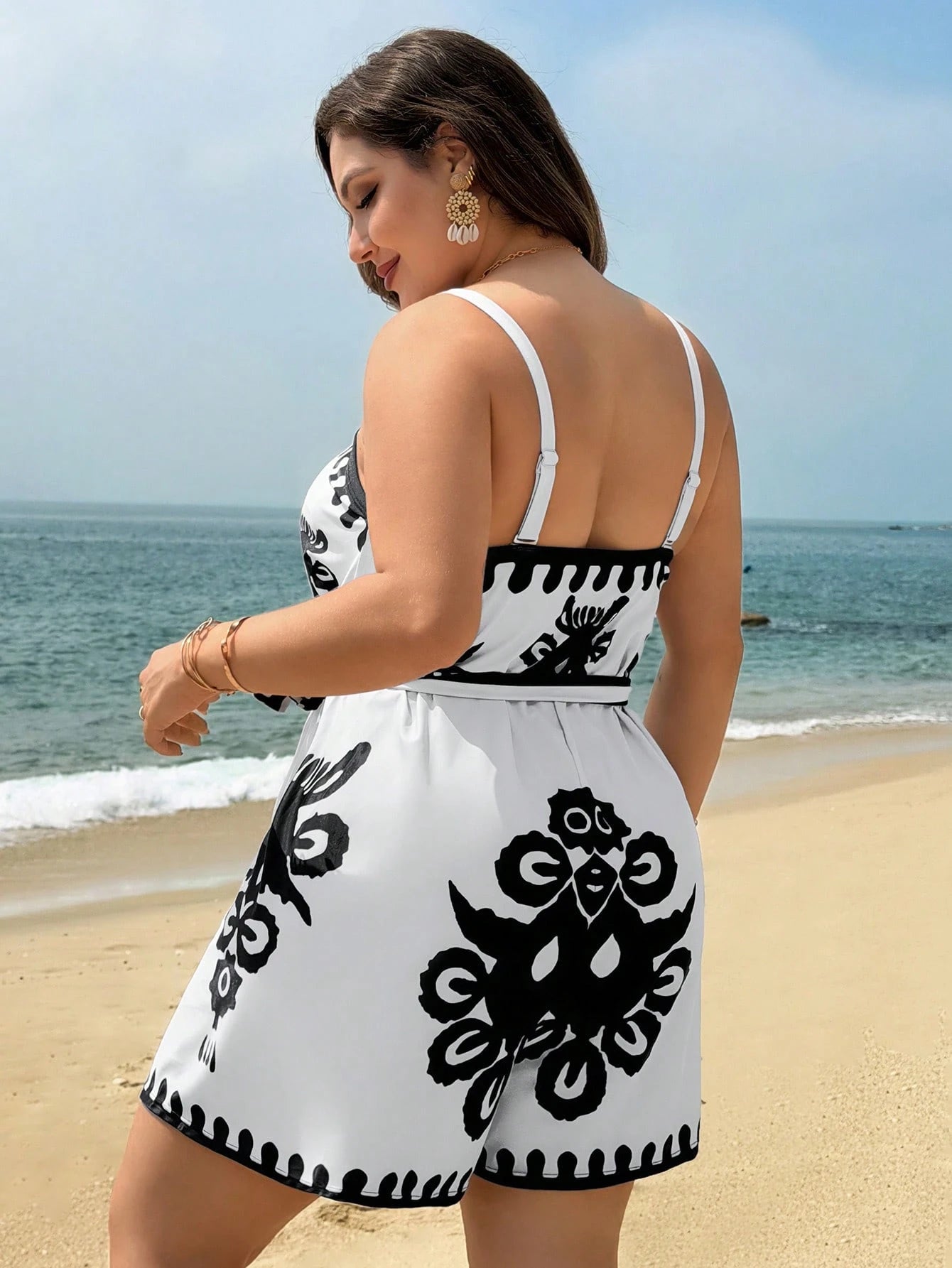 Swim Lushoire New Summer Beach Vacation Swimsuit, Totem Print Plus Size Women One-Piece Swimsuit With Shorts