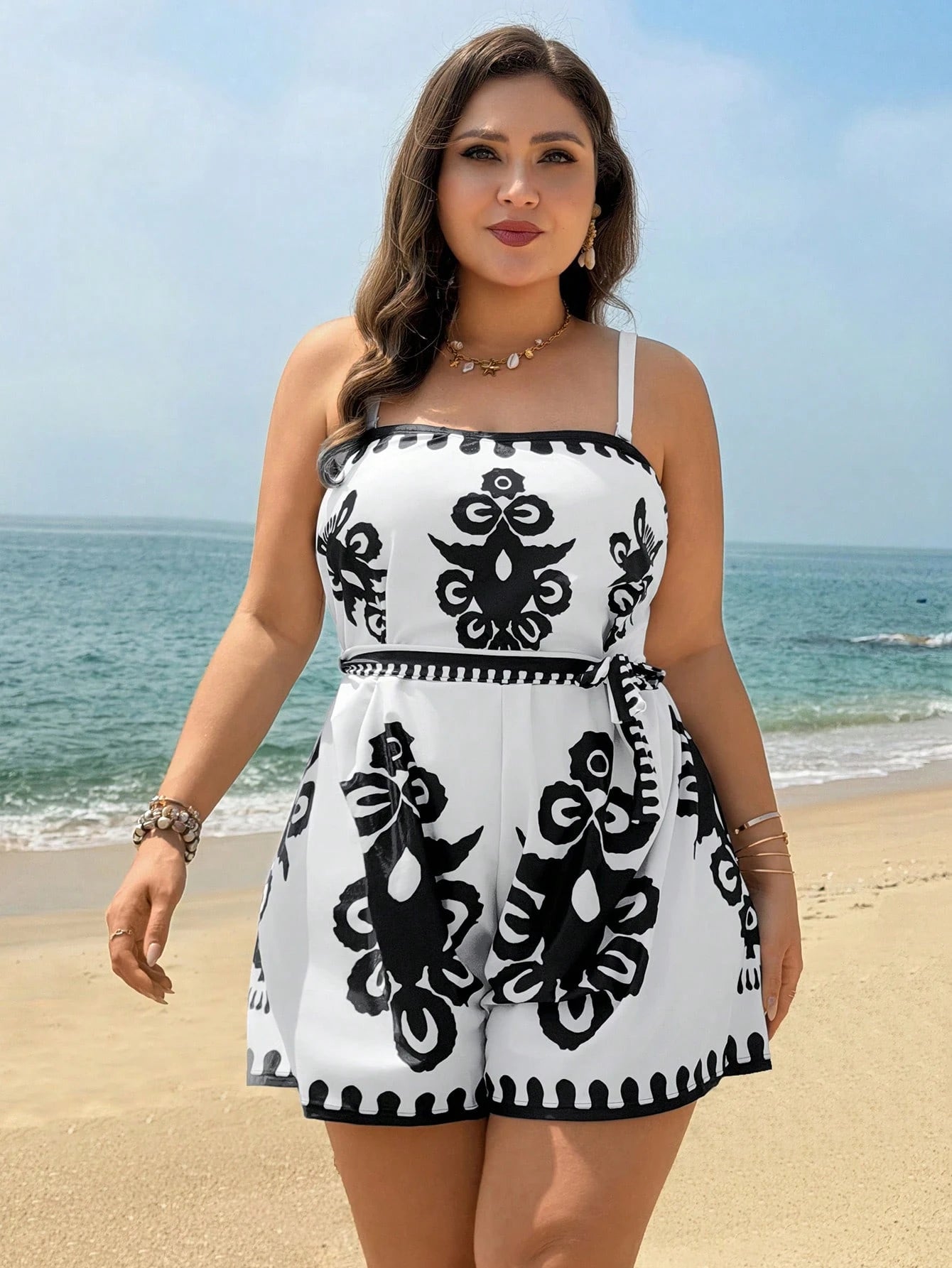 Swim Lushoire New Summer Beach Vacation Swimsuit, Totem Print Plus Size Women One-Piece Swimsuit With Shorts