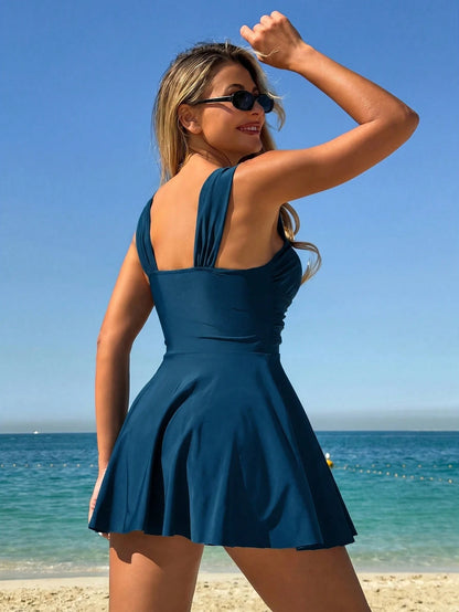 Swim Lushoire Non-Removable Molded Cup, Wide Strap Solid Color Slim Fit Swim Dress Tank Bikini Women's Tank Strap Bikini Swimsuit