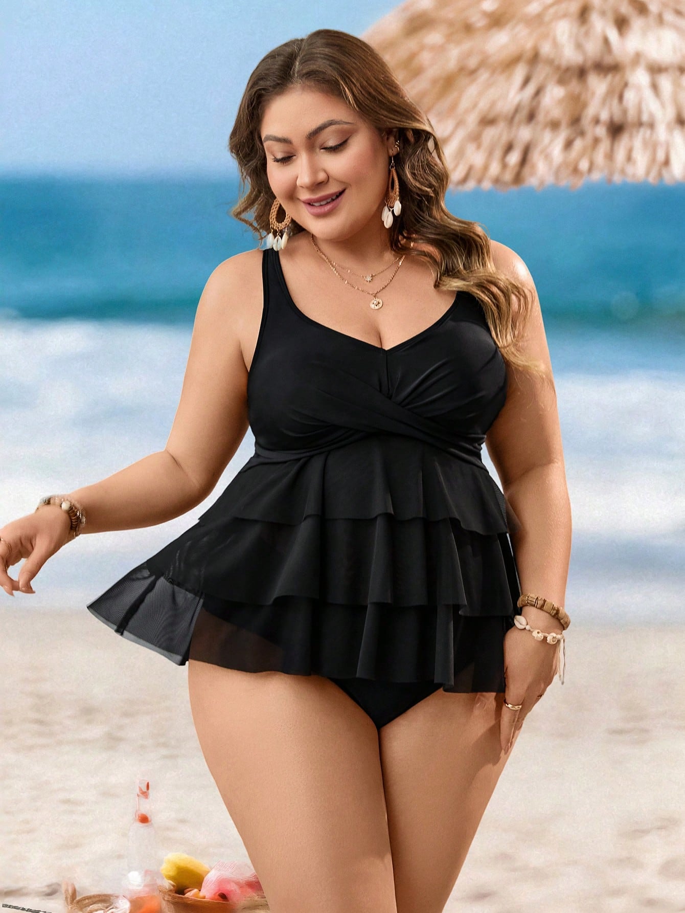 Swim Lushoire Plus Size 2 Pieces Mesh Tummy Control Backless Bikini Set,Ruffle Hem Swimwear,Black,Summer,Formal,Tropical,Beach,Evening,Holiday
