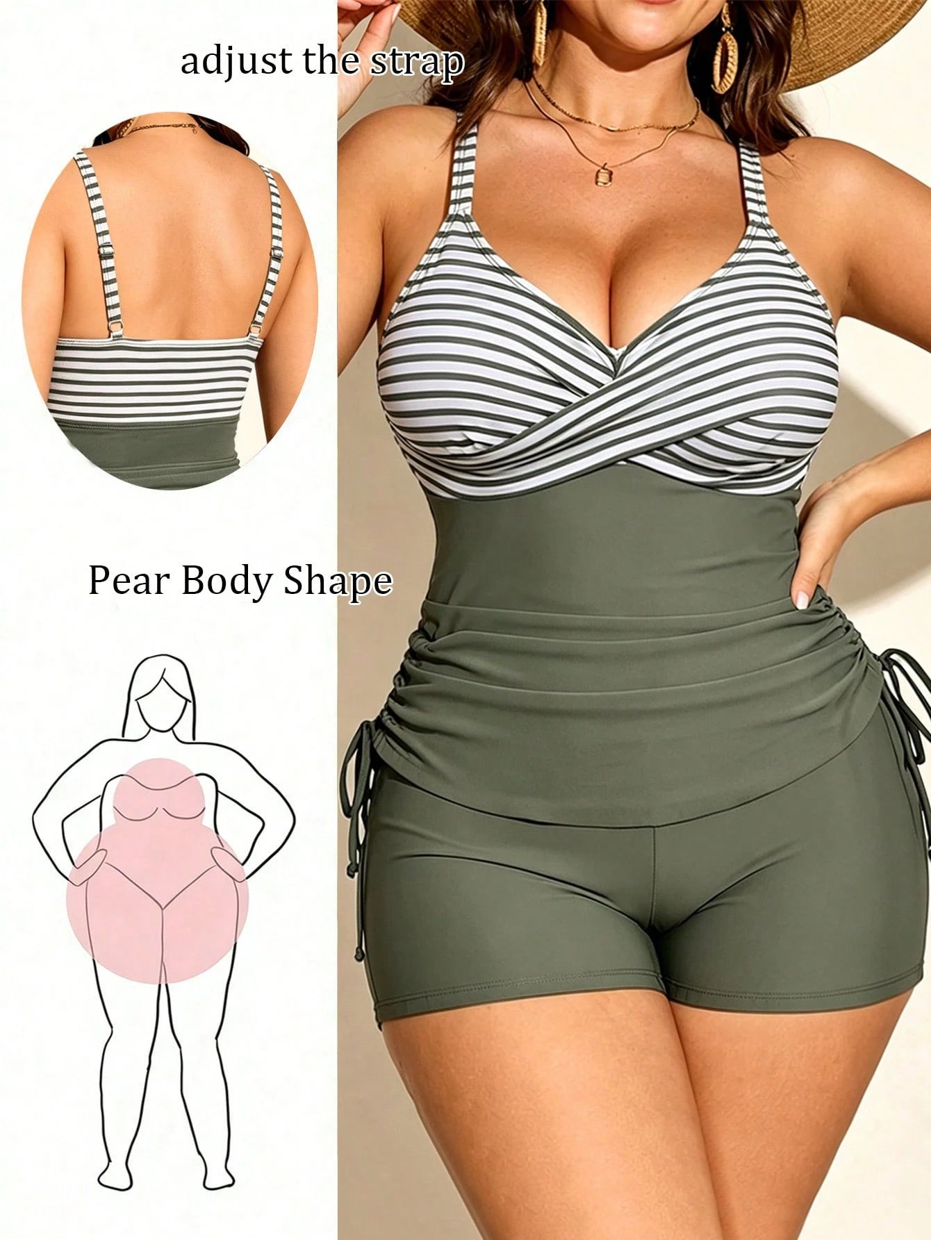 Swim Lushoire Plus Size 2pcs Green Striped Crossover Side Drawstring Swimwear Top & High Waist Shorts Set,Black And White,Summer,Modest,Beach,Holiday Ladies Outfit