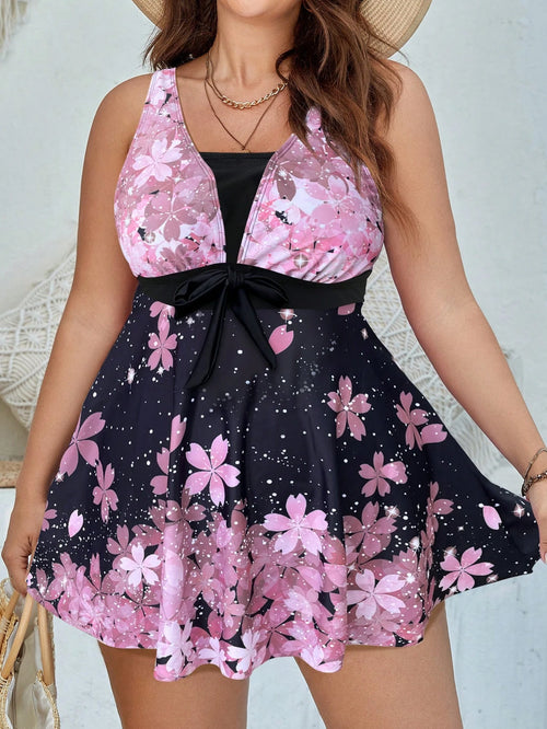 Swim Lushoire Plus Size 2pcs Set Halter Sleeveless High Waist Bow Decor Romper Shorts Swimsuit Black Summer Tropical Beach Holiday Pool Side Swimwear Outfit