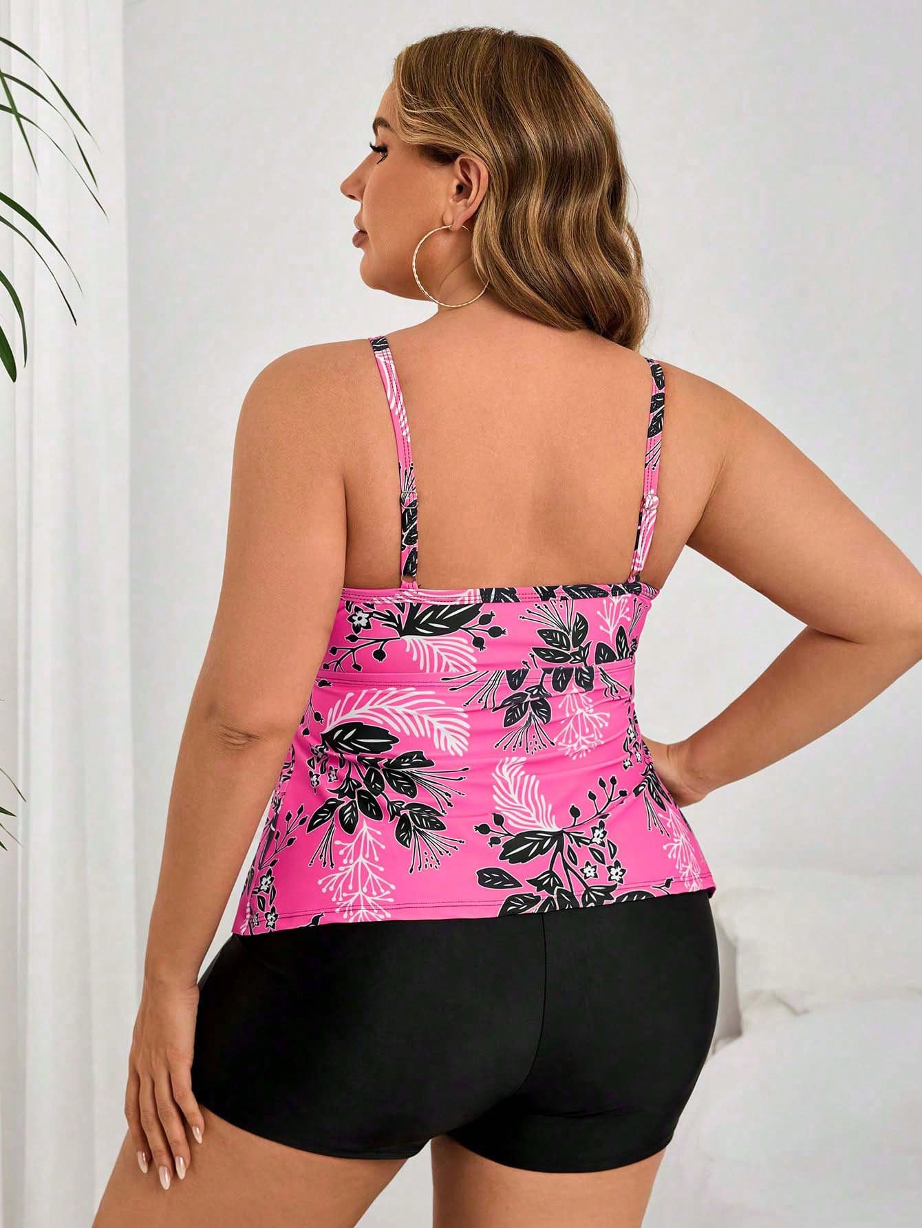 Swim Lushoire Plus Size 2pcs Set, Plus Size Scoop Neck Layered Ruffle Hem Orange Floral Print Patchwork Black Shorts Women Tankini Swimwear