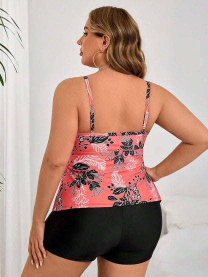 Swim Lushoire Plus Size 2pcs Set, Plus Size Scoop Neck Layered Ruffle Hem Orange Floral Print Patchwork Black Shorts Women Tankini Swimwear