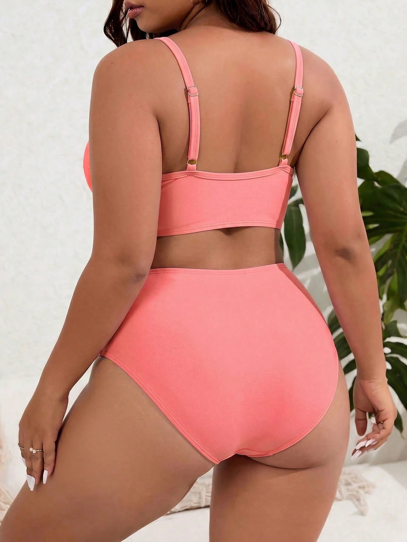 Swim Lushoire Plus Size 2pcs Solid V-Neck Top And High Waist Shorts Women Summer Vacation Bikini Set Set