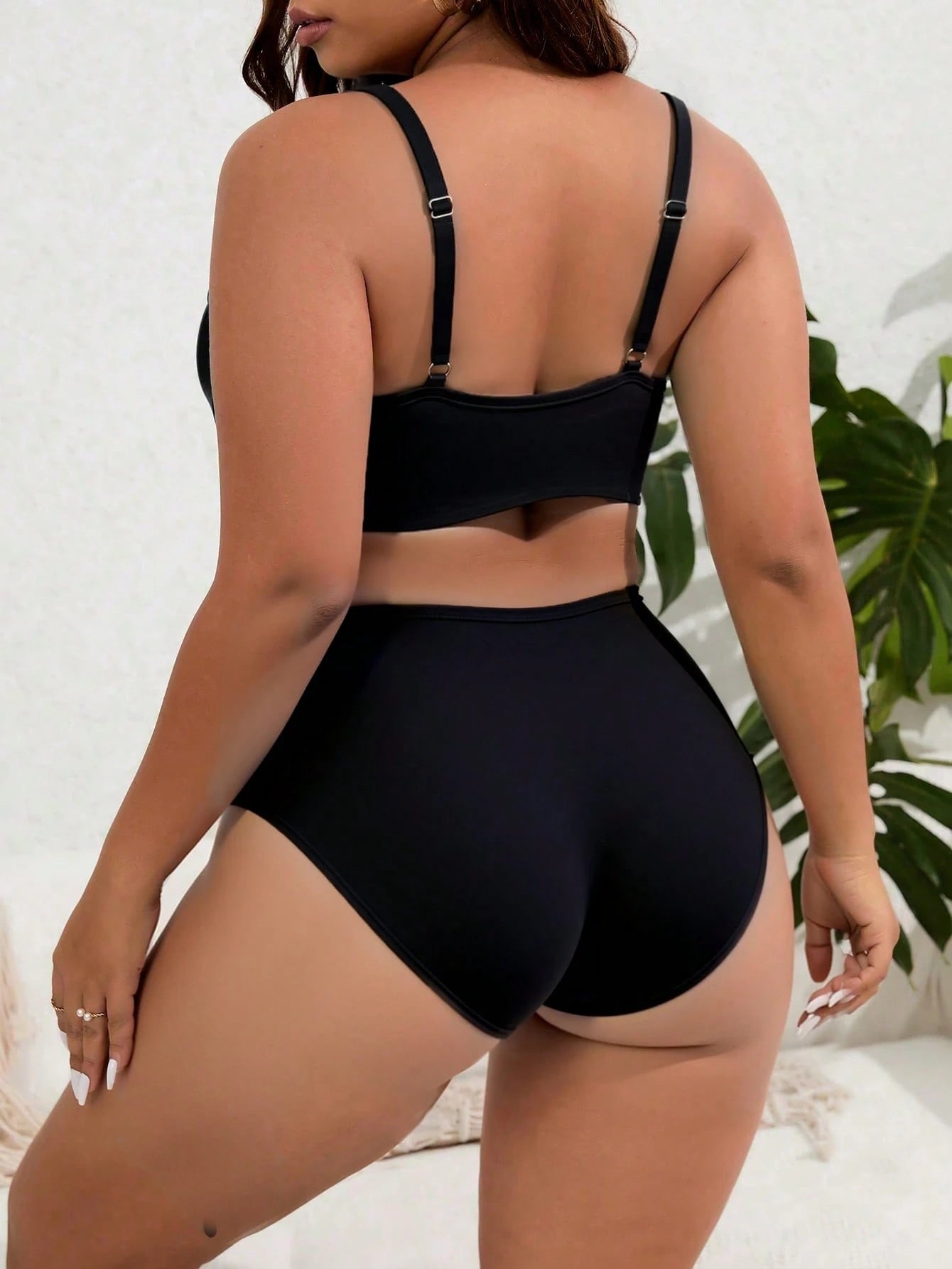 Swim Lushoire Plus Size 2pcs Solid V-Neck Top And High Waist Shorts Women Summer Vacation Bikini Set Set