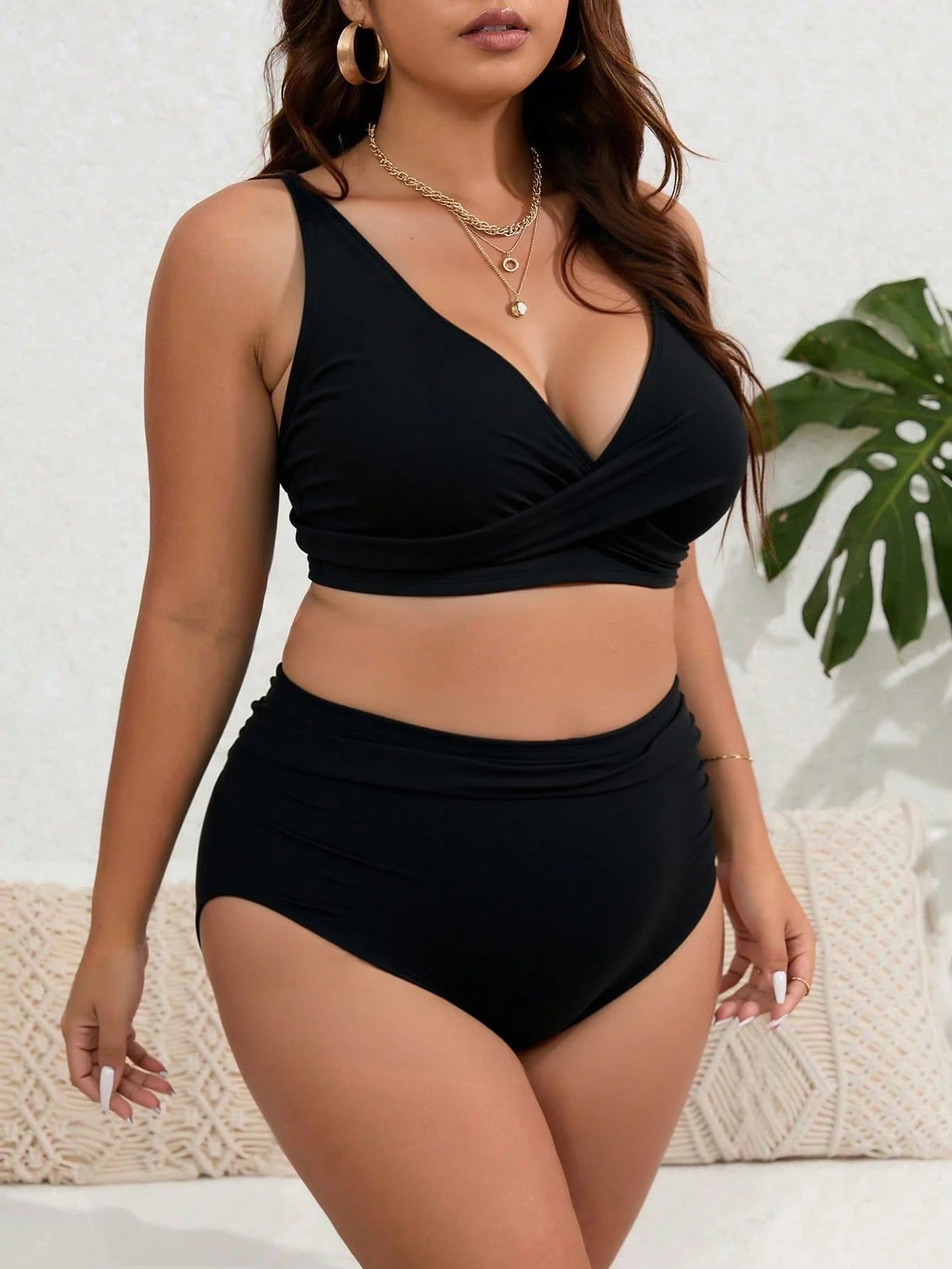 Swim Lushoire Plus Size 2pcs Solid V-Neck Top And High Waist Shorts Women Summer Vacation Bikini Set Set
