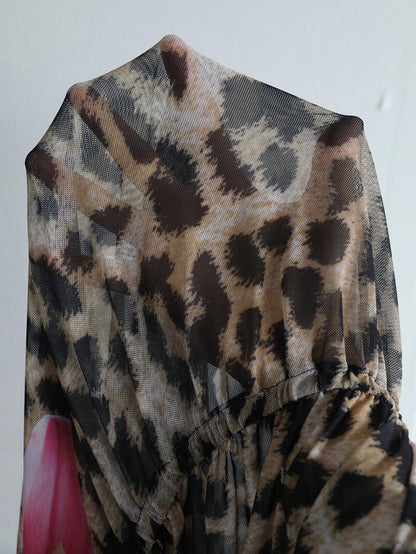 Swim Lushoire Plus Size Leopard & Floral Print V-Neck Short Sleeve Dress With Coverup For Summer Beach Vacation