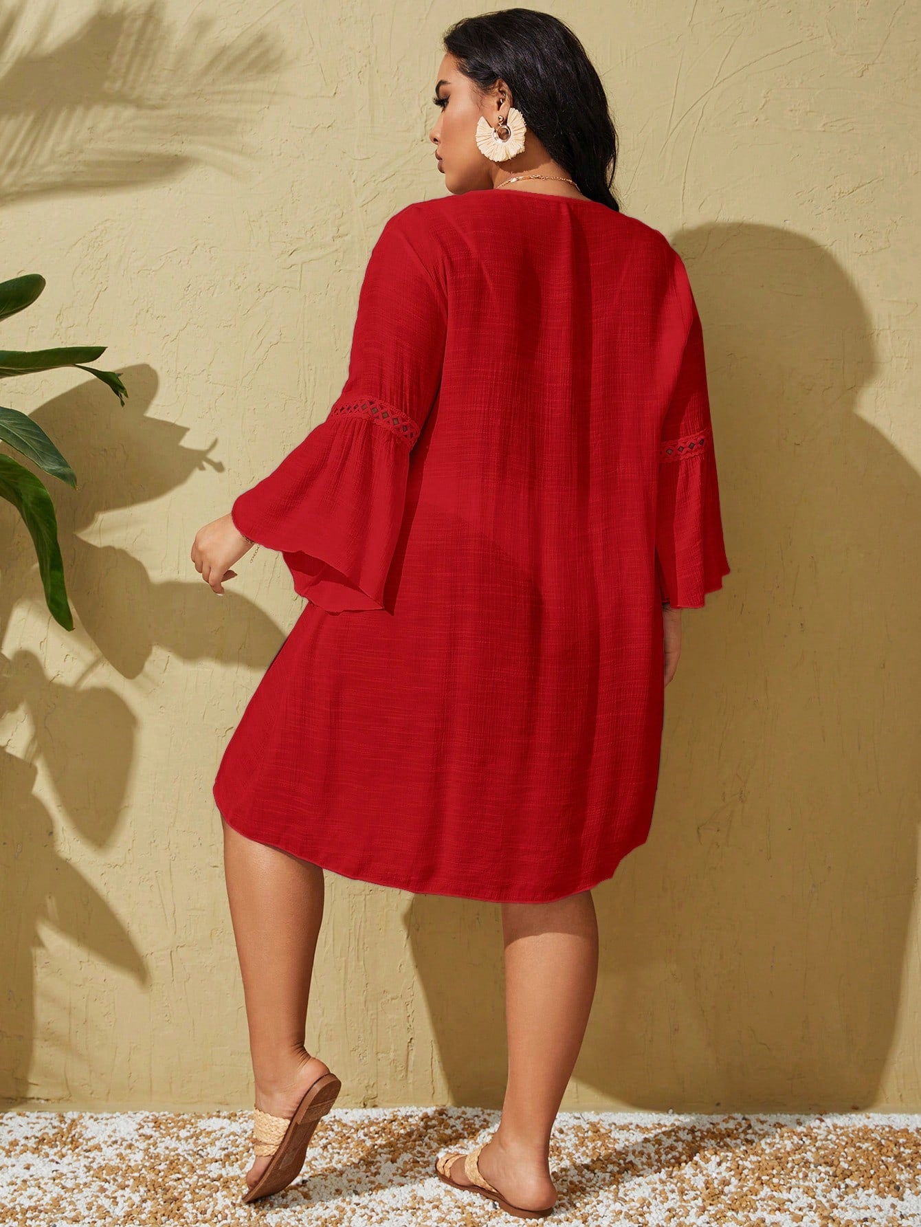 Swim Lushoire Plus Size Solid Color Flared Sleeve Bikini Swimsuit Cover Up For Summer Beach Vacation