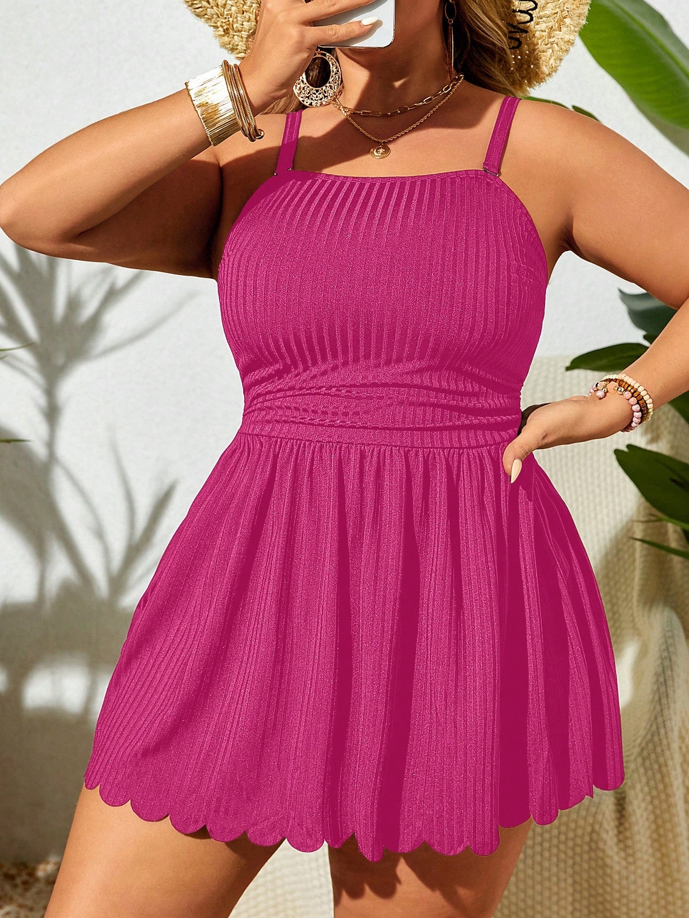 Swim Lushoire Plus Size Solid Color Spaghetti Strap Beach Swim Dress