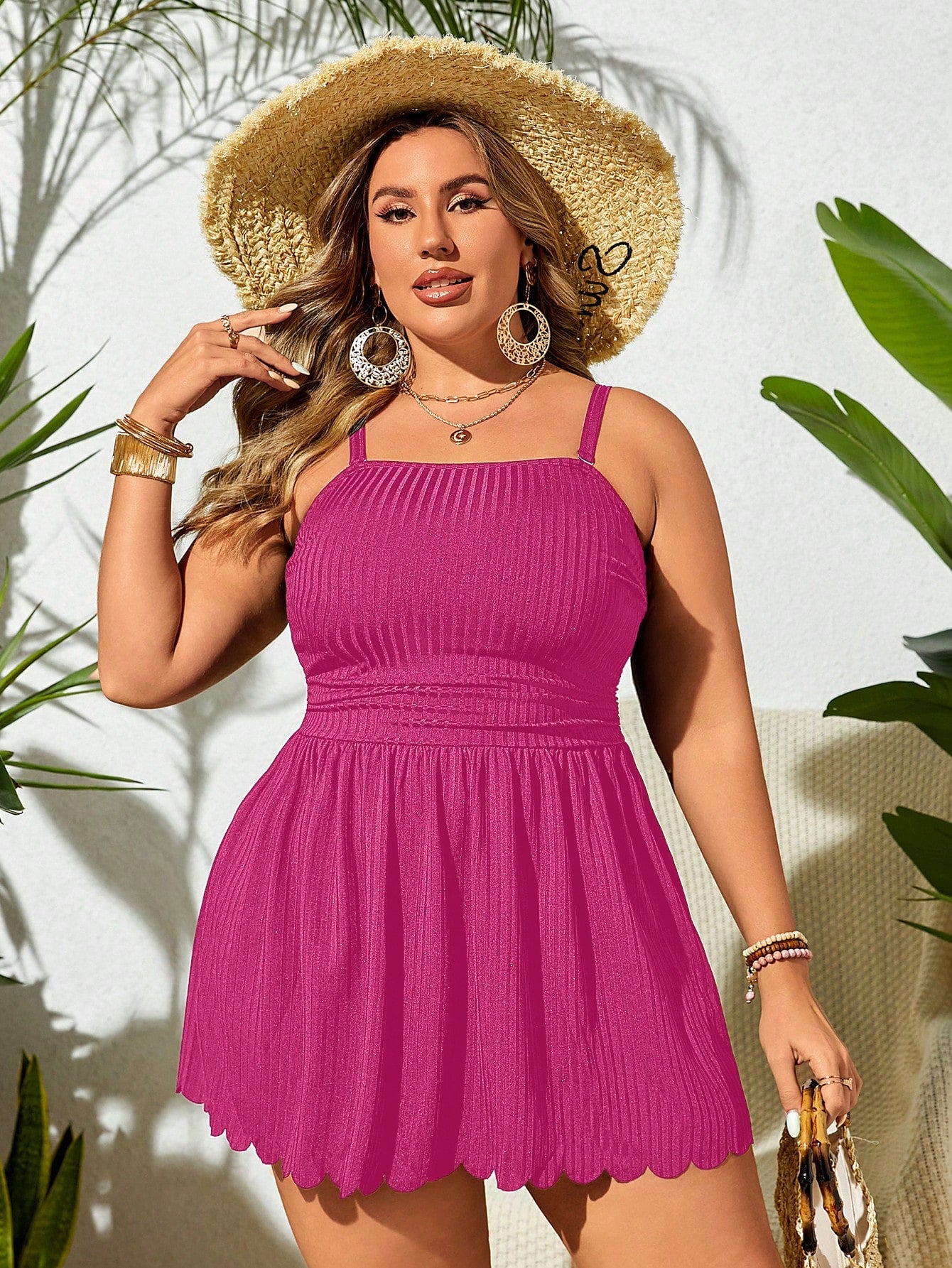 Swim Lushoire Plus Size Solid Color Spaghetti Strap Beach Swim Dress