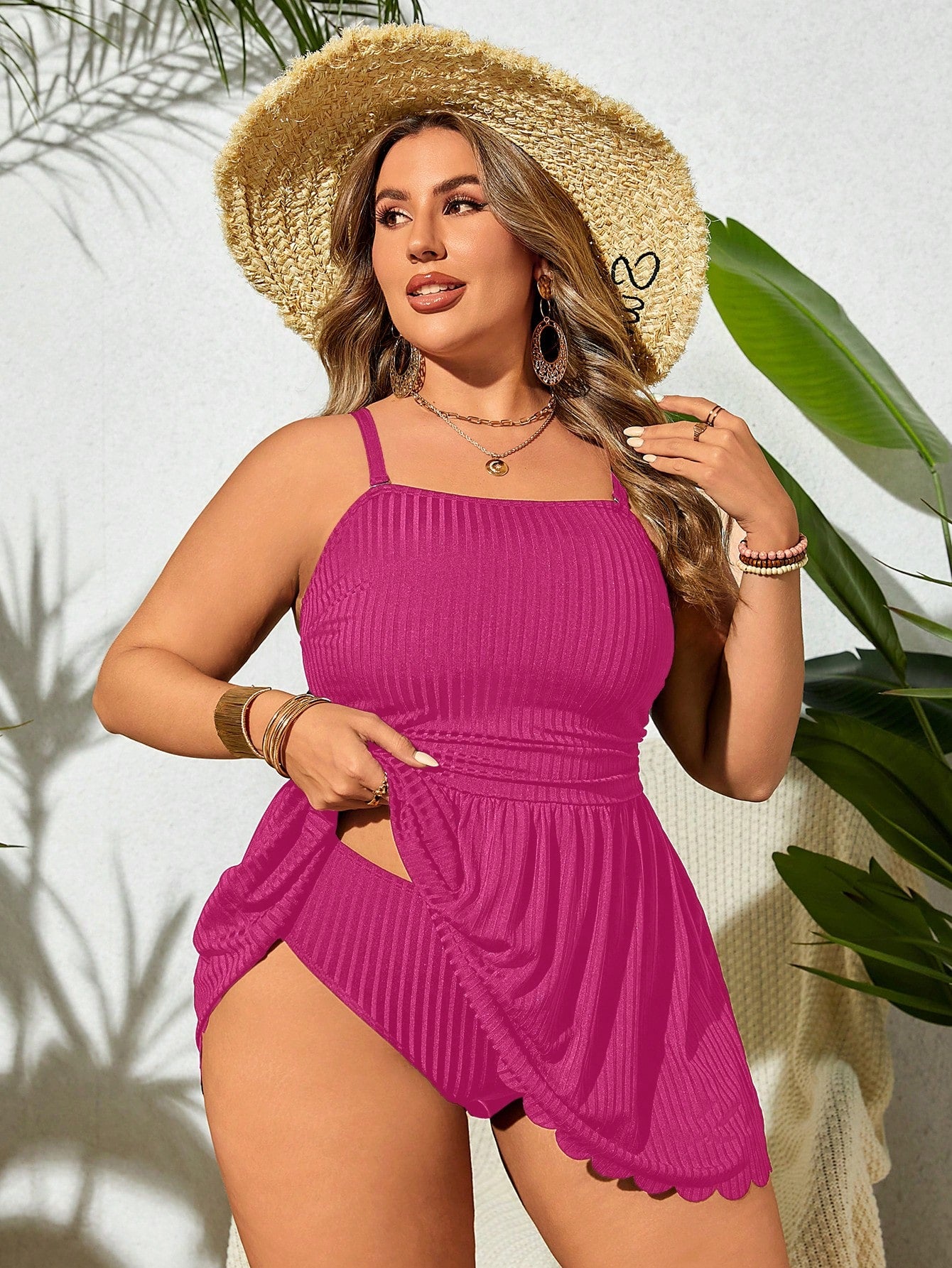 Swim Lushoire Plus Size Solid Color Spaghetti Strap Beach Swim Dress