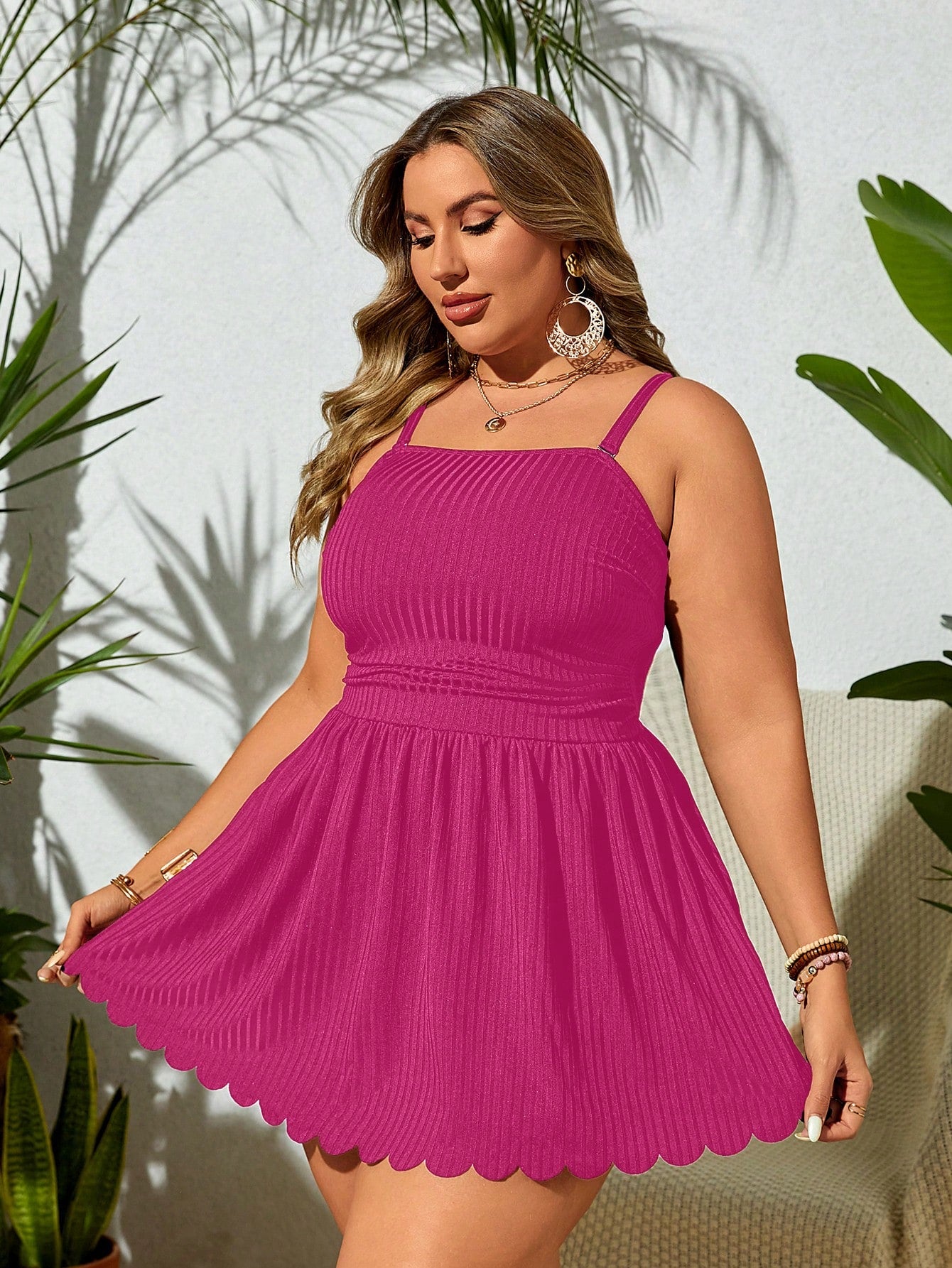 Swim Lushoire Plus Size Solid Color Spaghetti Strap Beach Swim Dress