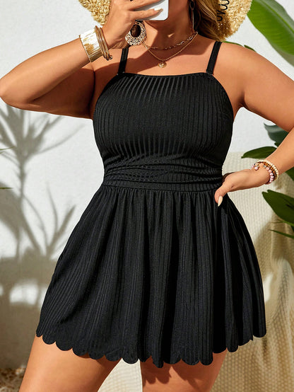Swim Lushoire Plus Size Solid Color Spaghetti Strap Beach Swim Dress