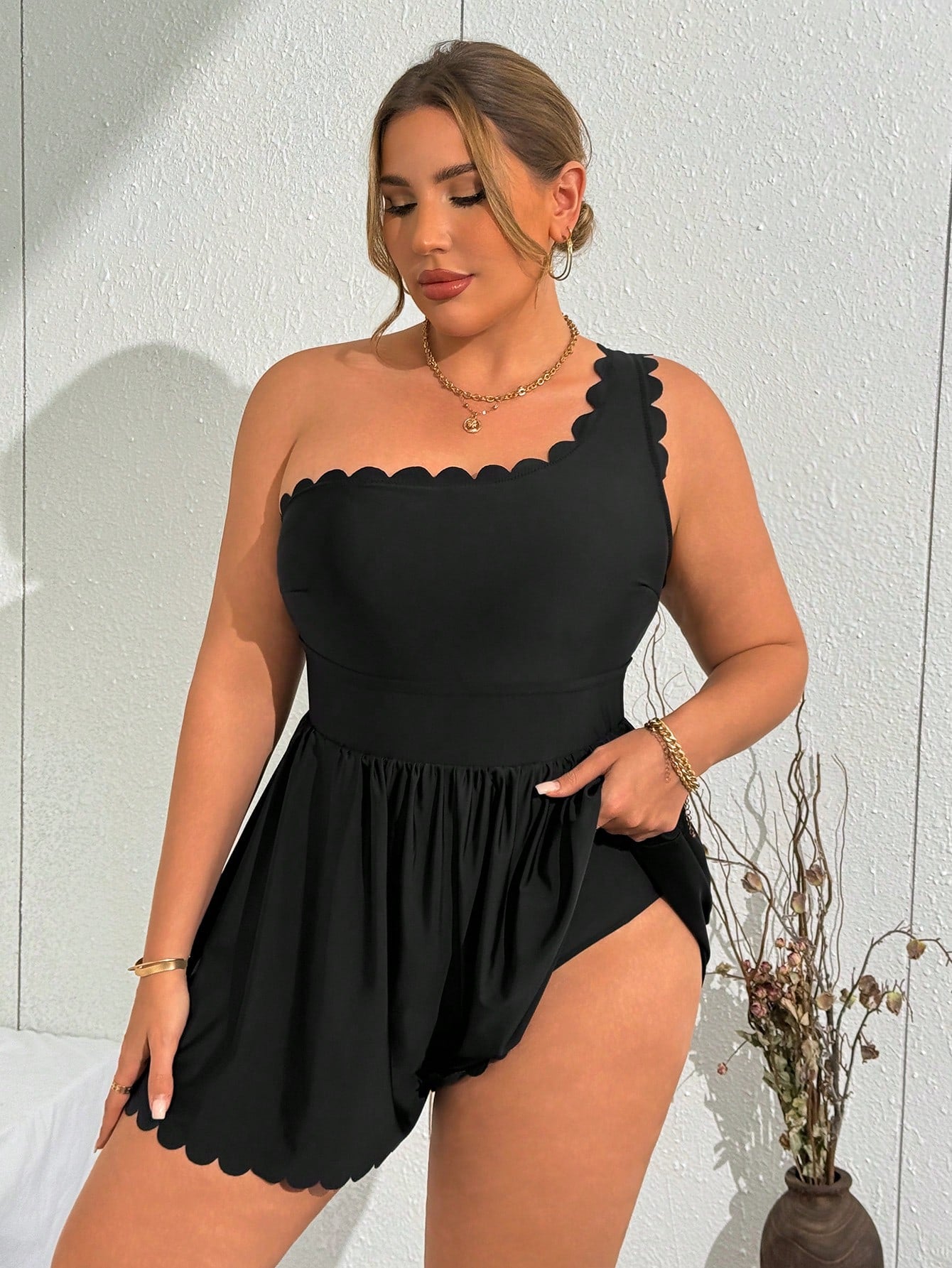 Swim Lushoire Plus Size Summer Holiday Shell Edge One-Piece Swimsuit