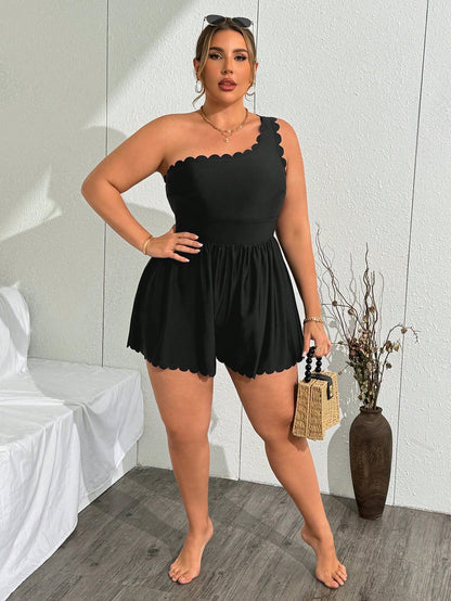 Swim Lushoire Plus Size Summer Holiday Shell Edge One-Piece Swimsuit
