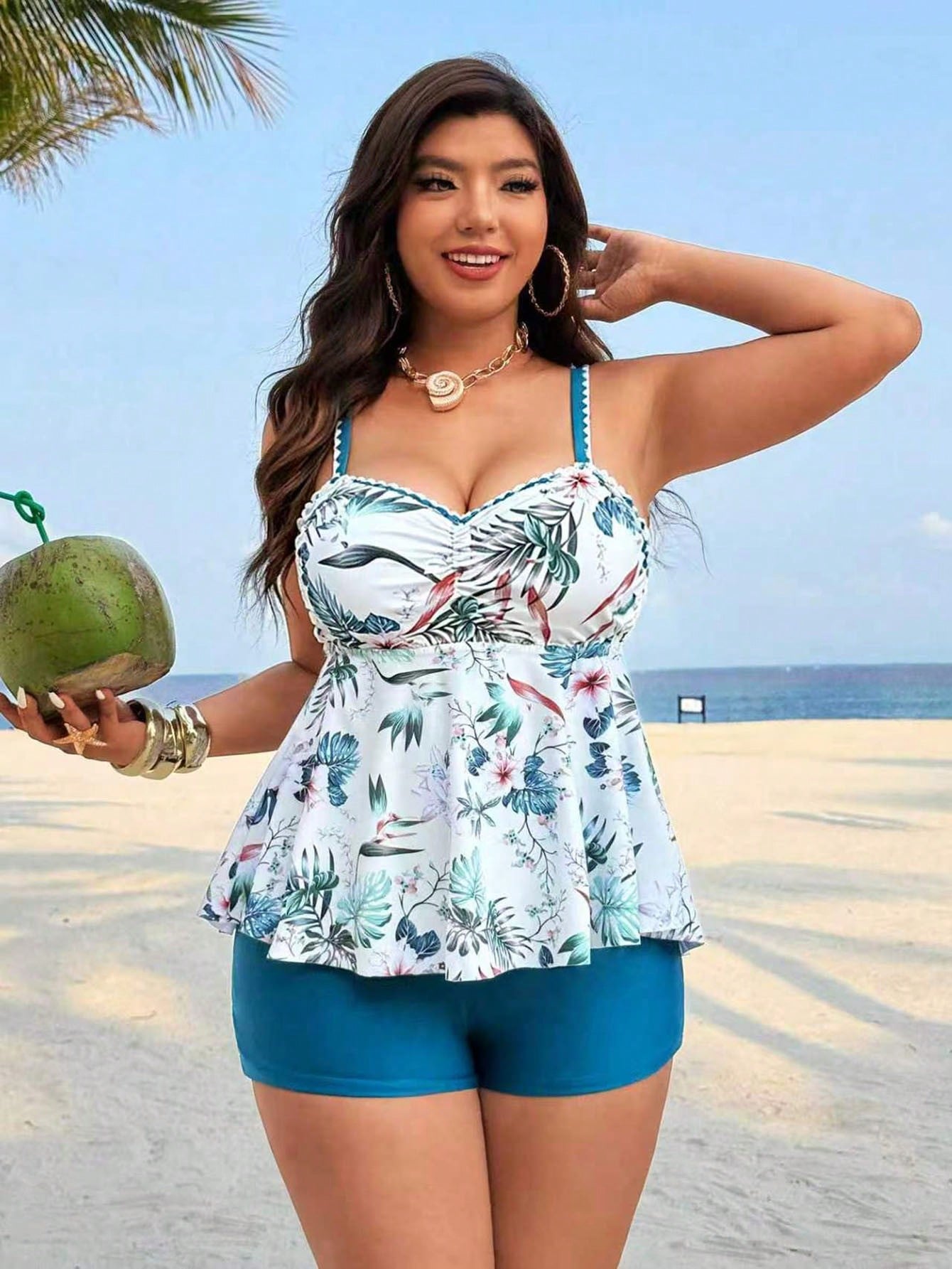 Swim Lushoire Plus Size Tropical Print Tankini Swimwear Set