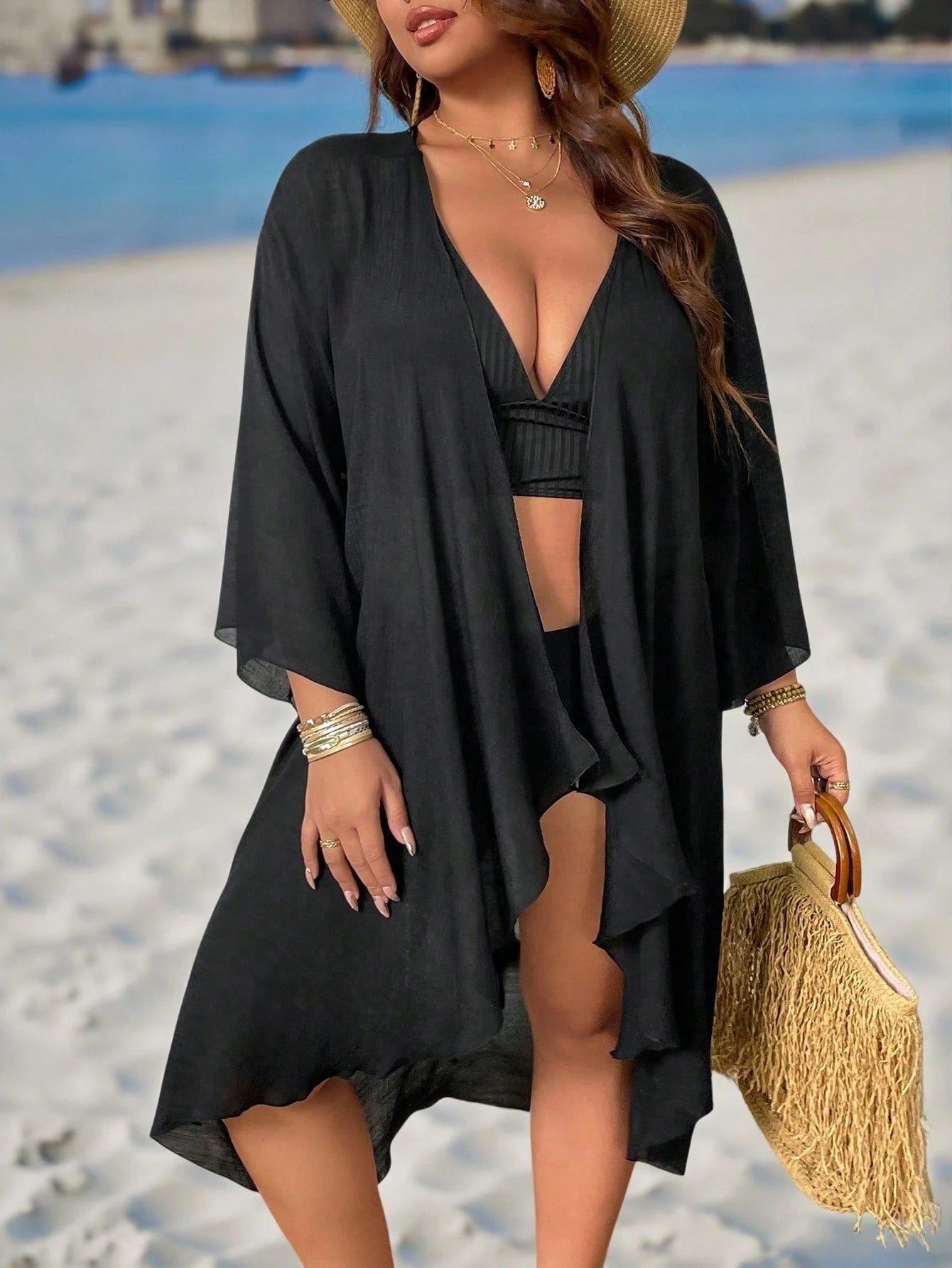 Swim Lushoire Plus Size Women 1pc Plain Black Kimono Outwear,Minimalist Summer Beach Holiday Vacation Cover Up,Lightweight Loose Swimming Robe Long Sleeve