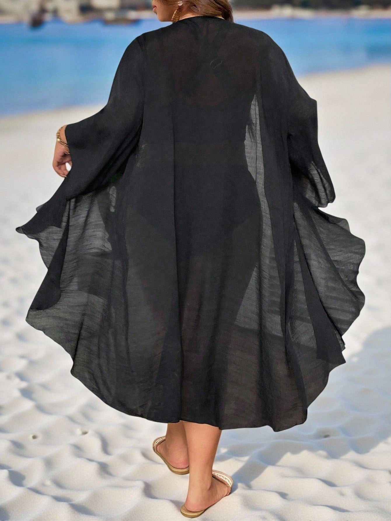 Swim Lushoire Plus Size Women 1pc Plain Black Kimono Outwear,Minimalist Summer Beach Holiday Vacation Cover Up,Lightweight Loose Swimming Robe Long Sleeve