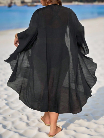 Swim Lushoire Plus Size Women 1pc Plain Black Kimono Outwear,Minimalist Summer Beach Holiday Vacation Cover Up,Lightweight Loose Swimming Robe Long Sleeve