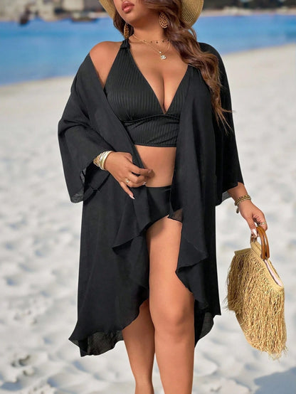 Swim Lushoire Plus Size Women 1pc Plain Black Kimono Outwear,Minimalist Summer Beach Holiday Vacation Cover Up,Lightweight Loose Swimming Robe Long Sleeve