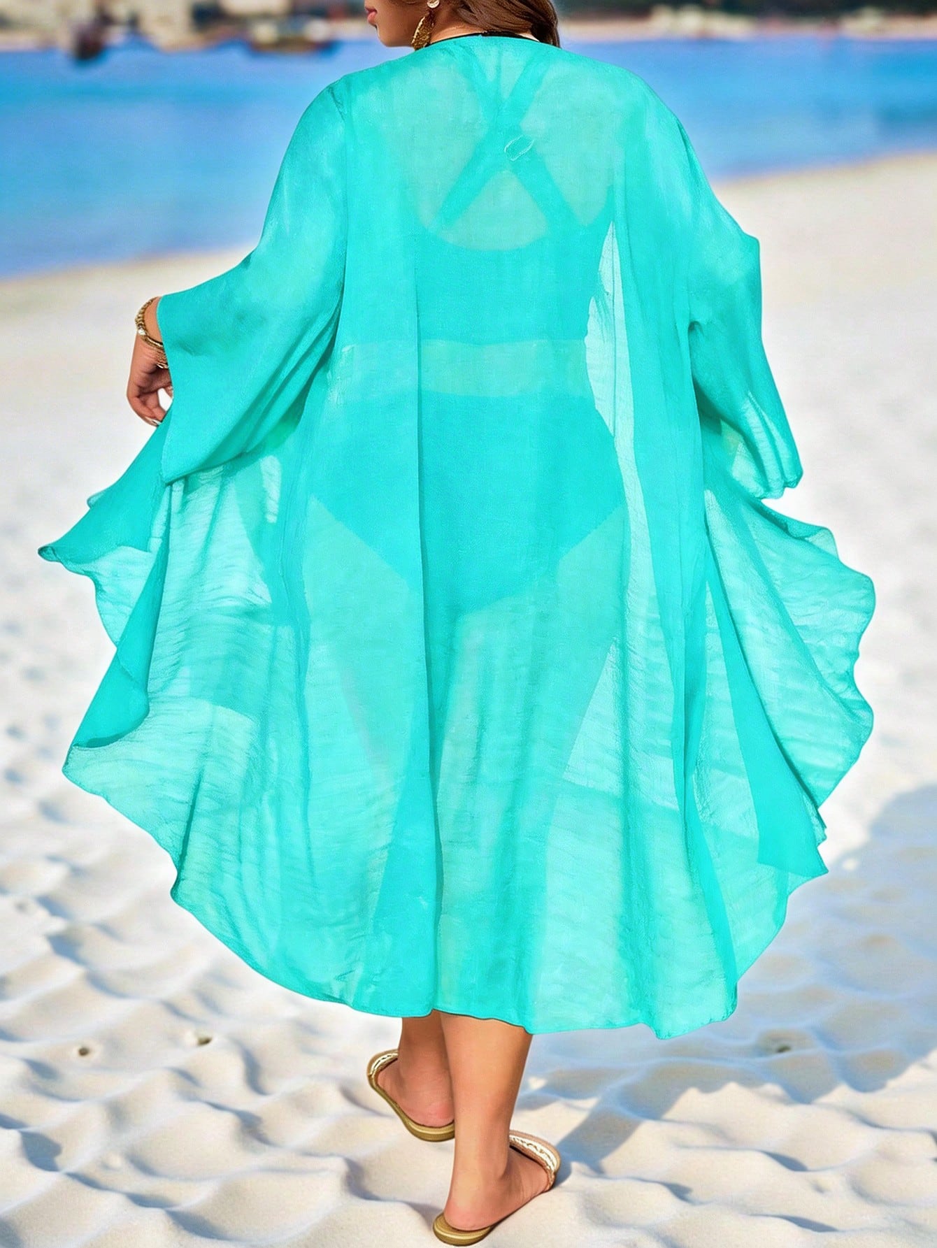 Swim Lushoire Plus Size Women 1pc Plain Black Kimono Outwear,Minimalist Summer Beach Holiday Vacation Cover Up,Lightweight Loose Swimming Robe Long Sleeve