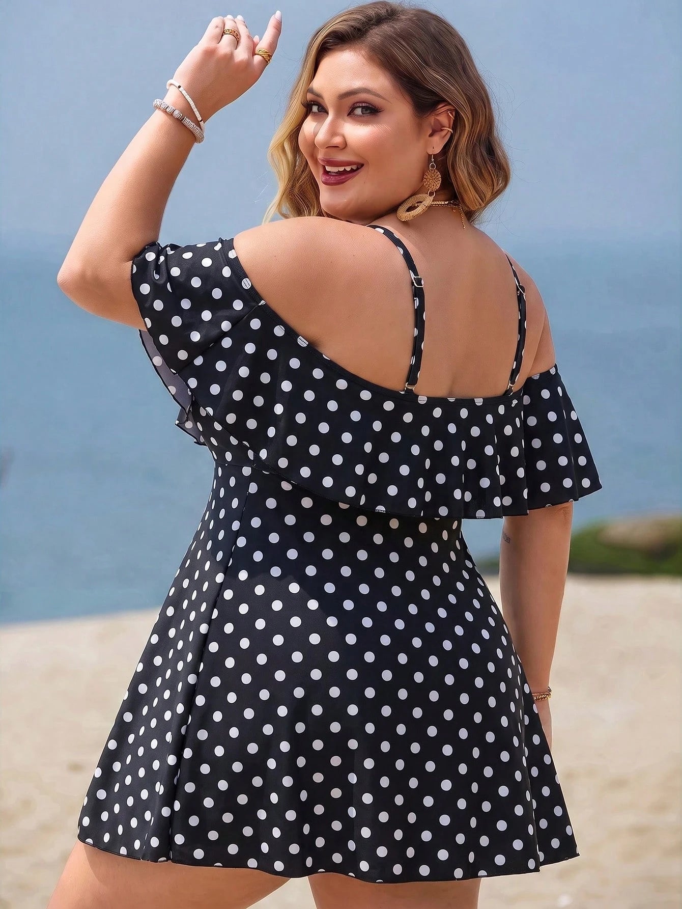 Swim Lushoire Plus Size Women 2-Piece Casual Fashion Vacation Random Print Camisole Ruffle Off-Shoulder Waist-Defining A-Line Separate Swim Dress