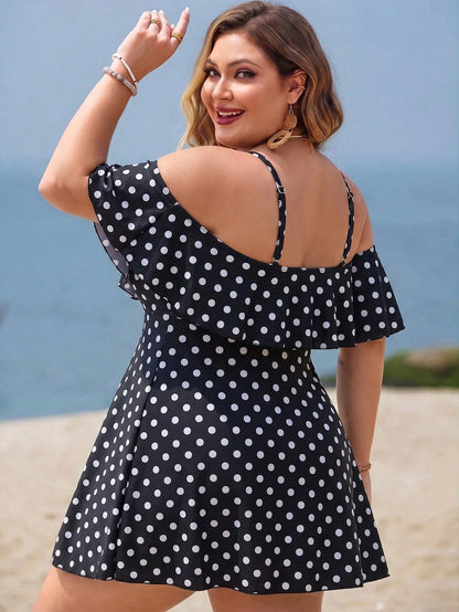 Swim Lushoire Plus Size Women 2-Piece Casual Fashion Vacation Random Print Camisole Ruffle Off-Shoulder Waist-Defining A-Line Separate Swim Dress