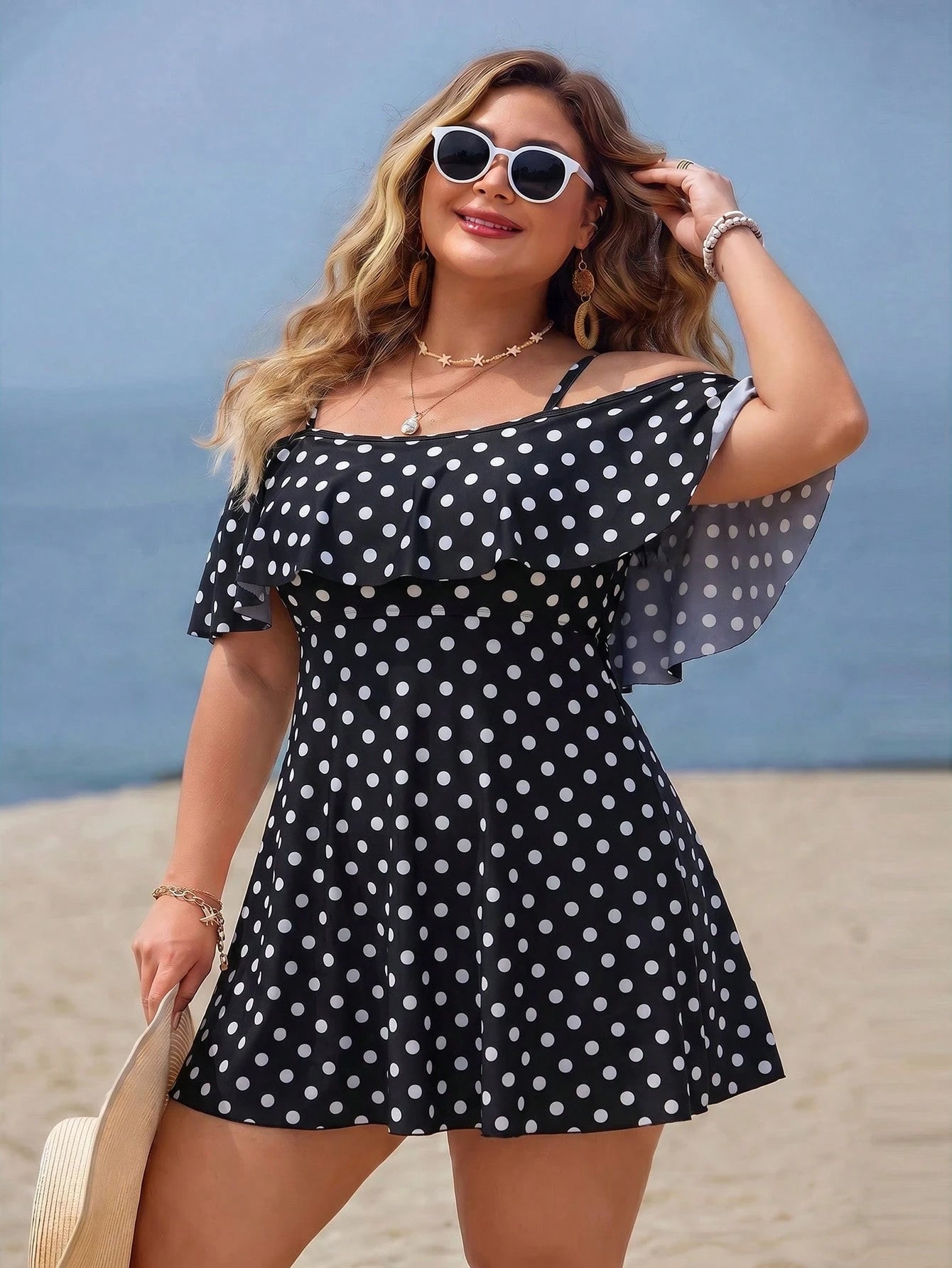 Swim Lushoire Plus Size Women 2-Piece Casual Fashion Vacation Random Print Camisole Ruffle Off-Shoulder Waist-Defining A-Line Separate Swim Dress