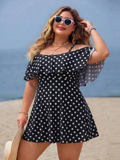 Swim Lushoire Plus Size Women 2-Piece Casual Fashion Vacation Random Print Camisole Ruffle Off-Shoulder Waist-Defining A-Line Separate Swim Dress