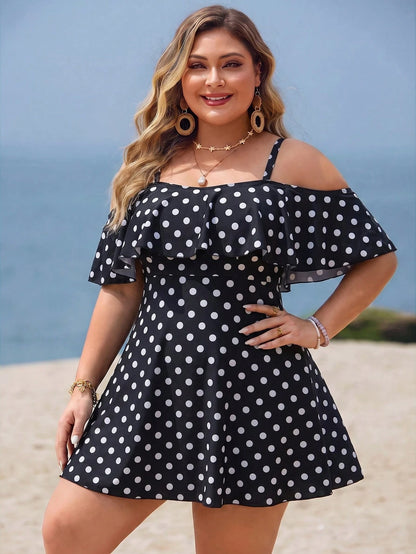 Swim Lushoire Plus Size Women 2-Piece Casual Fashion Vacation Random Print Camisole Ruffle Off-Shoulder Waist-Defining A-Line Separate Swim Dress