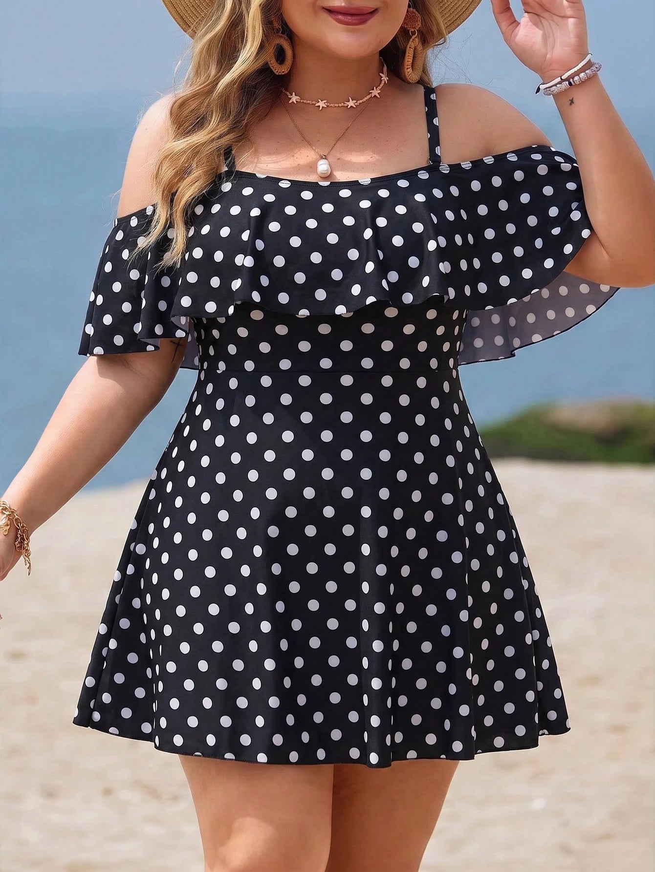 Swim Lushoire Plus Size Women 2-Piece Casual Fashion Vacation Random Print Camisole Ruffle Off-Shoulder Waist-Defining A-Line Separate Swim Dress