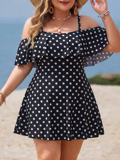 Swim Lushoire Plus Size Women 2-Piece Casual Fashion Vacation Random Print Camisole Ruffle Off-Shoulder Waist-Defining A-Line Separate Swim Dress