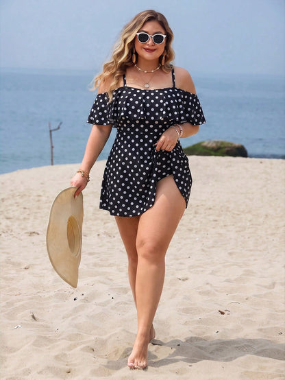 Swim Lushoire Plus Size Women 2-Piece Casual Fashion Vacation Random Print Camisole Ruffle Off-Shoulder Waist-Defining A-Line Separate Swim Dress