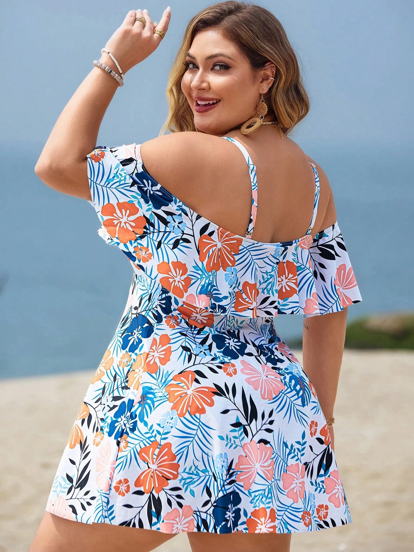 Swim Lushoire Plus Size Women 2-Piece Casual Fashion Vacation Random Print Camisole Ruffle Off-Shoulder Waist-Defining A-Line Separate Swim Dress