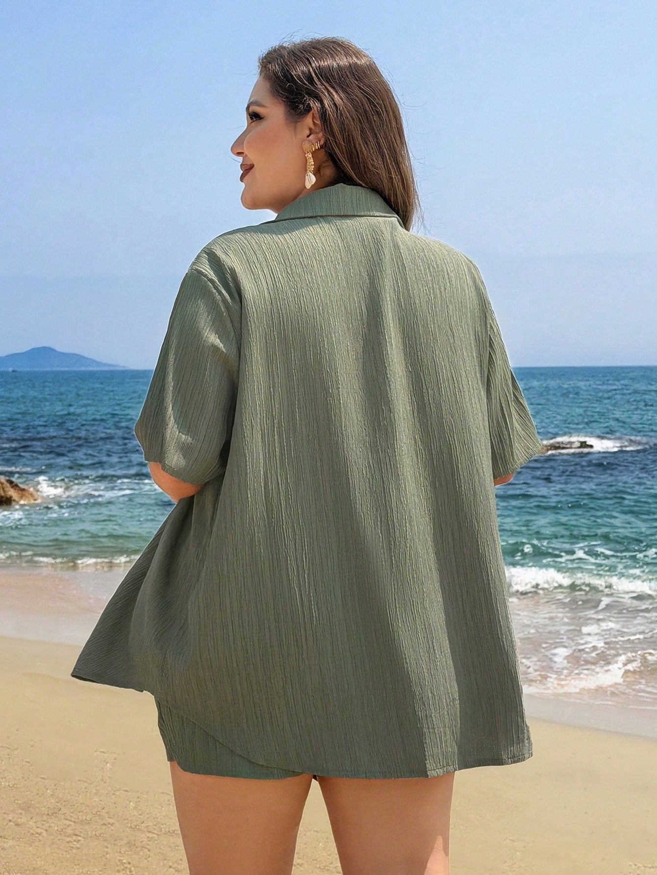 Swim Lushoire Plus Size Women Black Shorts And Short Sleeve Shirt 2 Pieces Set, Button Casual Beach Cover Up