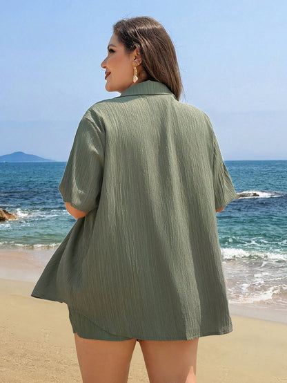 Swim Lushoire Plus Size Women Black Shorts And Short Sleeve Shirt 2 Pieces Set, Button Casual Beach Cover Up