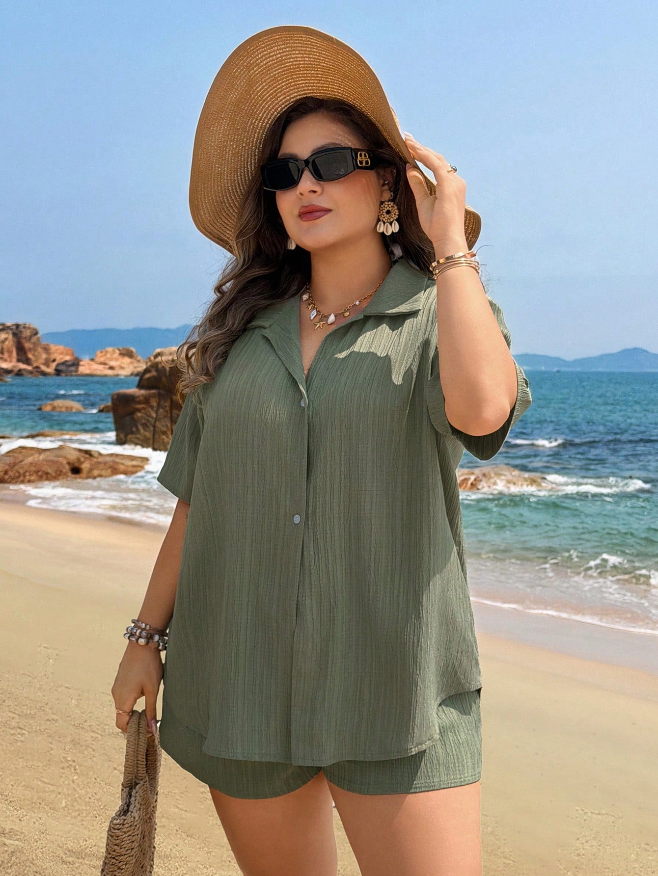 Swim Lushoire Plus Size Women Black Shorts And Short Sleeve Shirt 2 Pieces Set, Button Casual Beach Cover Up