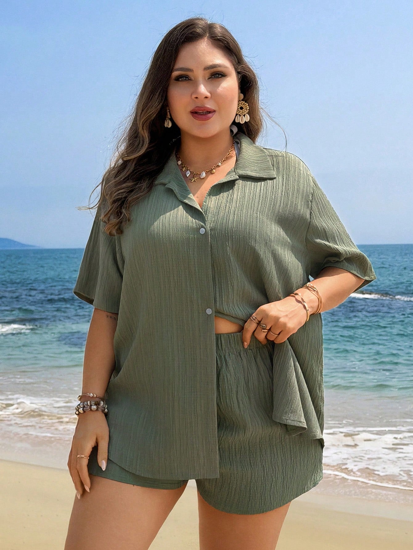 Swim Lushoire Plus Size Women Black Shorts And Short Sleeve Shirt 2 Pieces Set, Button Casual Beach Cover Up
