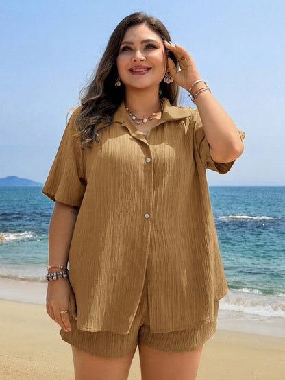 Swim Lushoire Plus Size Women Black Shorts And Short Sleeve Shirt 2 Pieces Set, Button Casual Beach Beach Vacation Cover Up Summer