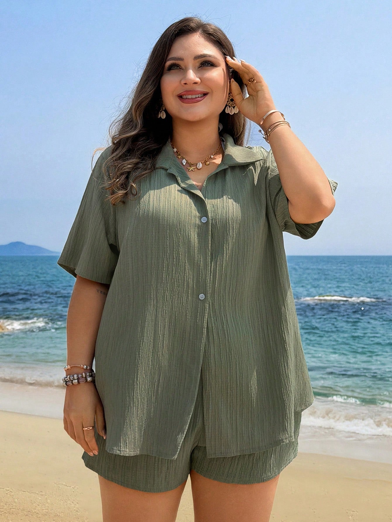 Swim Lushoire Plus Size Women Black Shorts And Short Sleeve Shirt 2 Pieces Set, Button Casual Beach Cover Up
