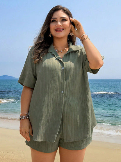 Swim Lushoire Plus Size Women Black Shorts And Short Sleeve Shirt 2 Pieces Set, Button Casual Beach Cover Up