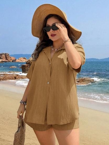 Swim Lushoire Plus Size Women Black Shorts And Short Sleeve Shirt 2 Pieces Set, Button Casual Beach Beach Vacation Cover Up Summer